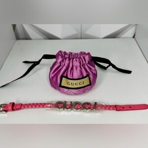 Authentic Gucci Pink Braided Leather Bracelet–Silver GUCCI Letters– 8" –Dust Bag